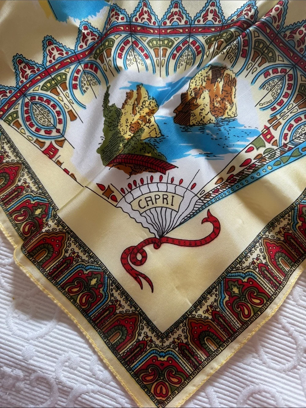 Napoli Souvenir Silk Scarf in Cream, Blue & Red